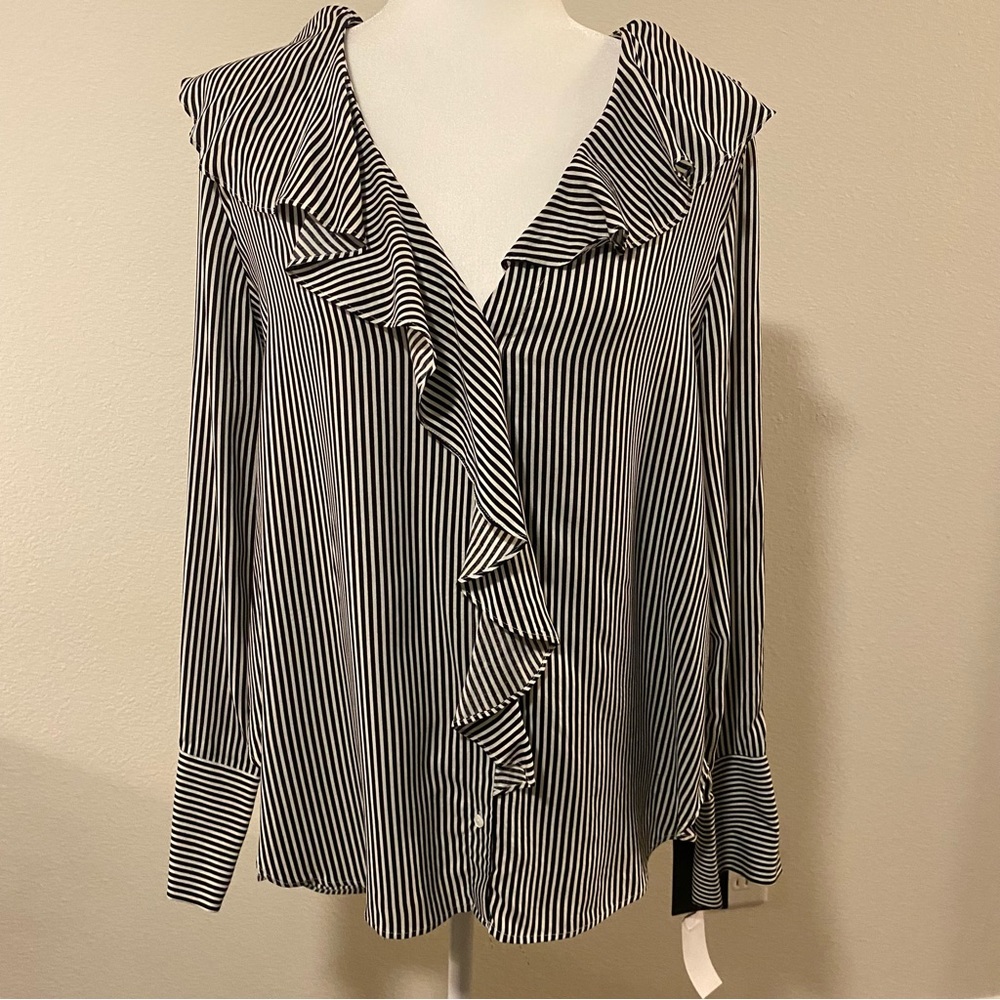 Zara Striped Black & White Ruffle Button Long-Sleeve Blouse